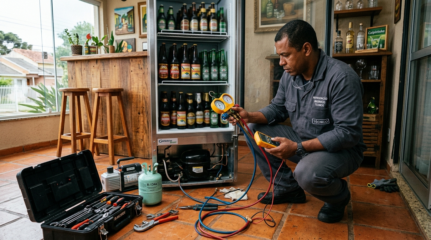 Profissional executando reparo no motor de cervejeira no Vale do Sol, Londrina‑PR