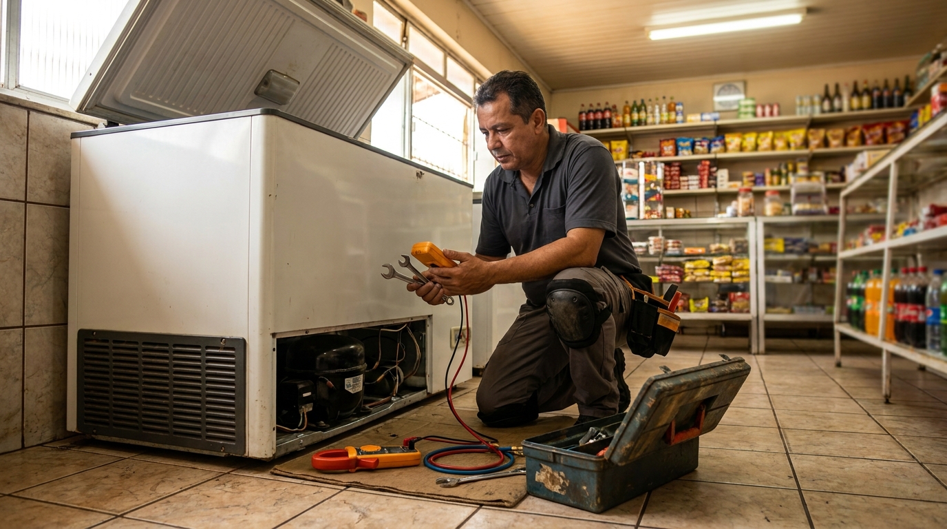 Profissional executando manutenção no motor de freezer em Londrina‑PR