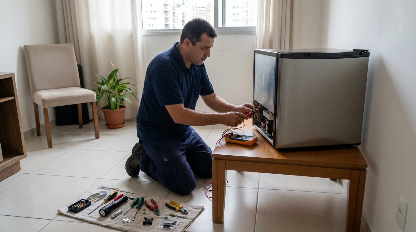 Técnico fazendo manutenção do motor de frigobar na Vila Nova, Londrina‑PR