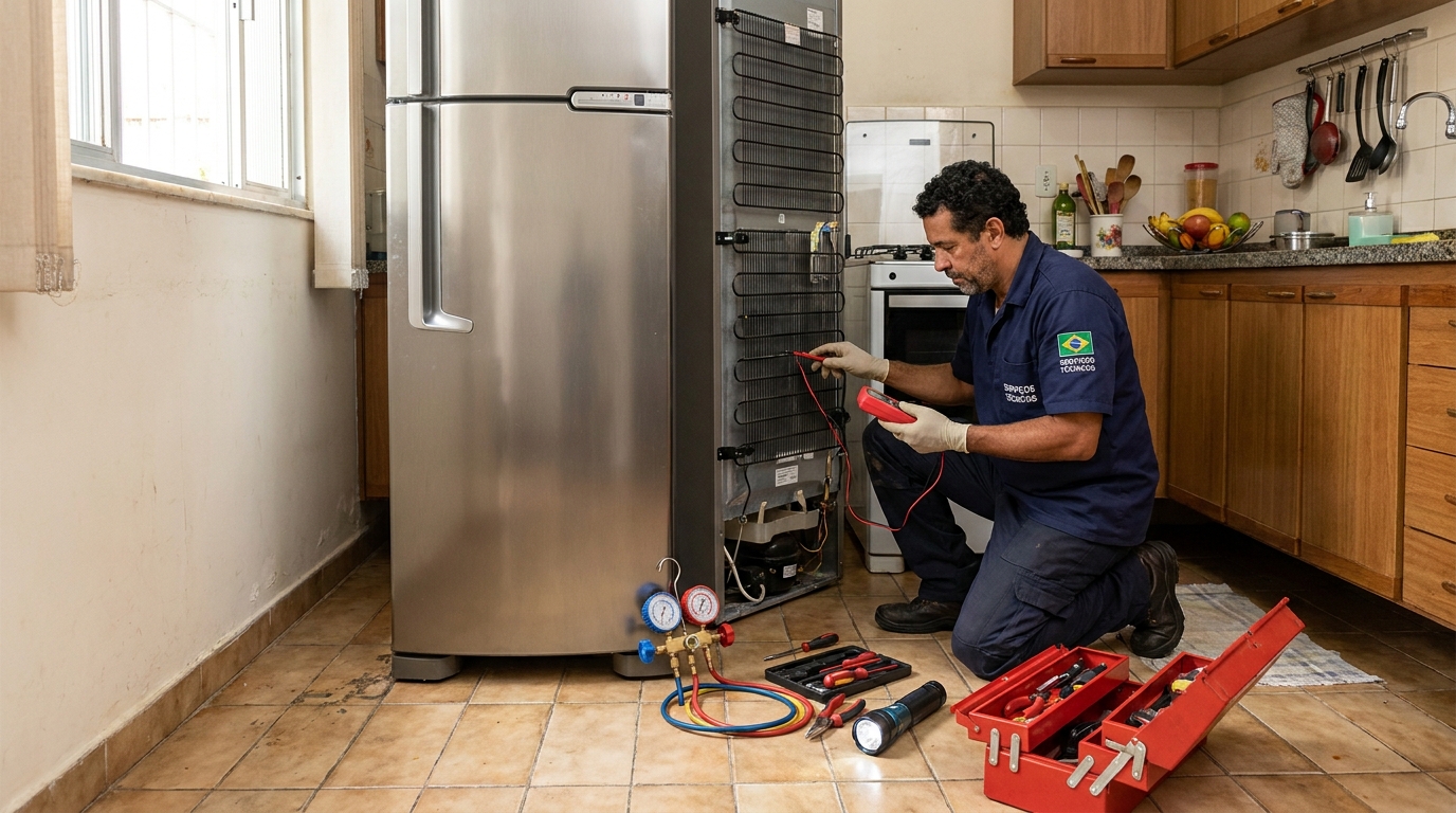 Profissional fazendo manutenção do motor de geladeira em Higienópolis, Londrina‑PR