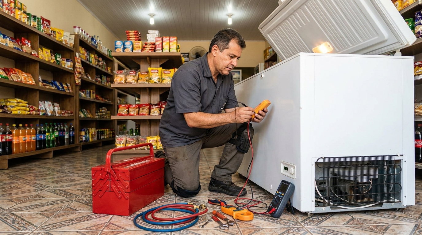 Recarga de gás refrigerante no freezer durante atendimento em Londrina‑PR