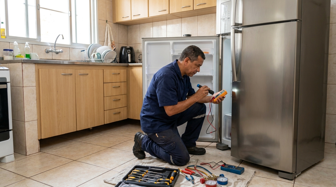 Técnico aplicando recarga de gás refrigerante em geladeira em Higienópolis, Londrina‑PR