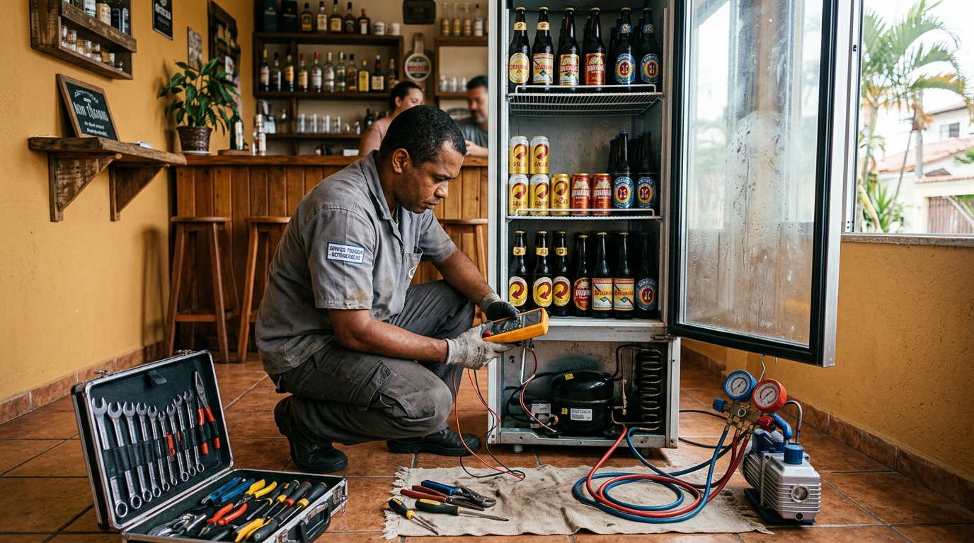 Substituição de termostato de cervejeira em serviço técnico no Vale do Sol, Londrina‑PR